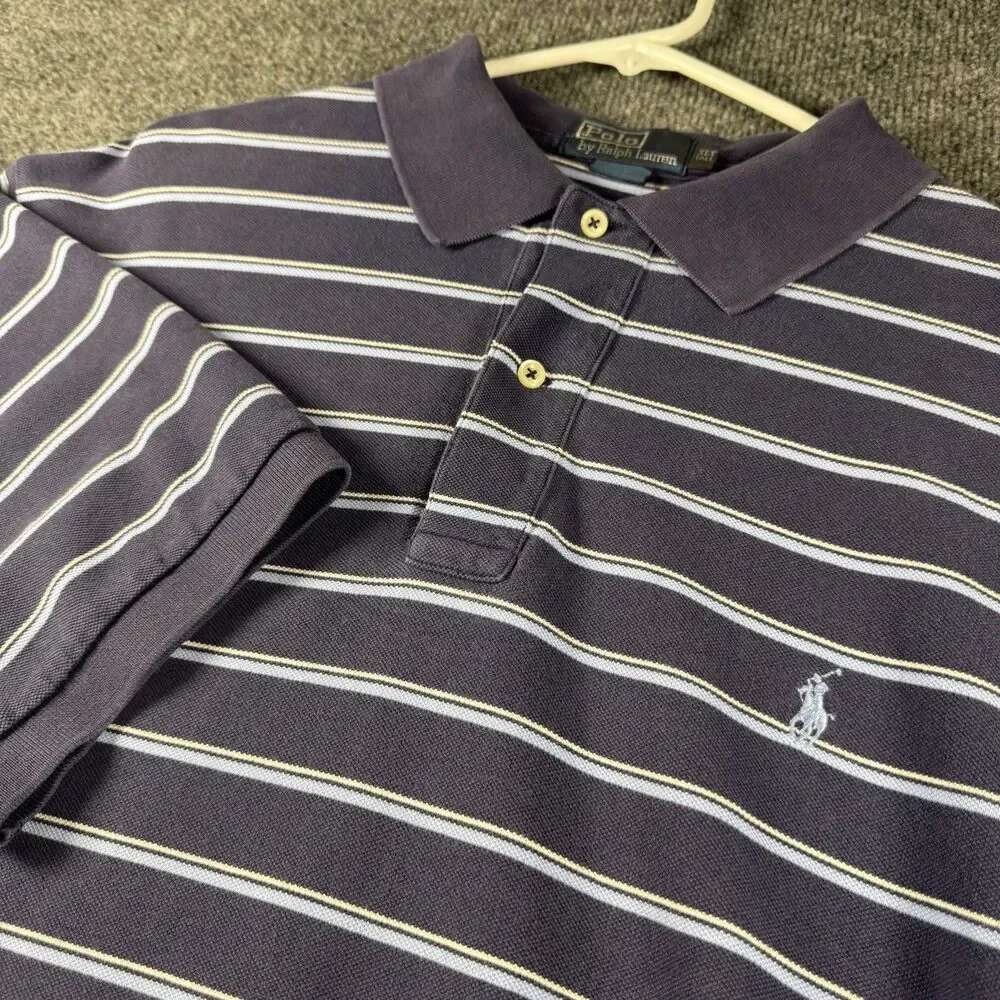 VTG Polo Ralph Lauren Striped Polo Shirt Mens XLT Tall Navy Blue Pique 90s Y2K